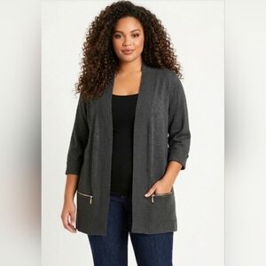 ✨NWOT Joan Vass Grey Knit Open Front Cardigan Zipper Accent Plus Size 1X